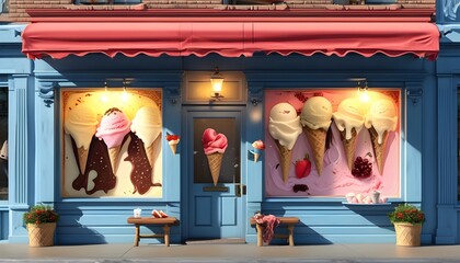 Charming front facade of a vibrant ice cream shop with colorful signage and delightful decorations