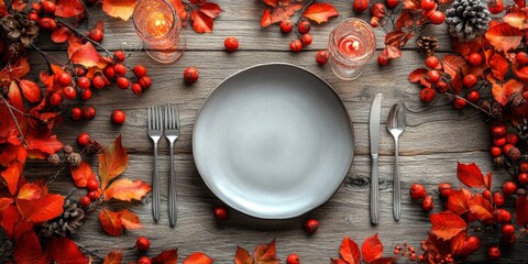 Happy Thanksgiving Day. Festive Empty plate and autumn leaves on a rustic wooden table and space for text on wood background,