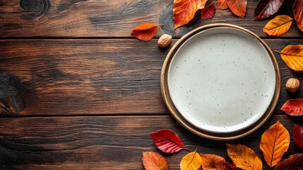 Wall Mural - Happy Thanksgiving Day. Festive Empty plate and autumn leaves on a rustic wooden table and space for text on wood background,