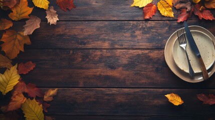 Wall Mural - Happy Thanksgiving Day. Festive Empty plate and autumn leaves on a rustic wooden table and space for text on wood background,