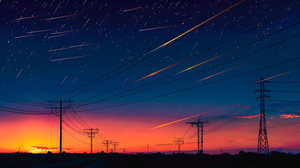 Poster - high-voltage power lines silhouetted against a twilight sky. The sky features bright streaks resembling shooting stars or meteorites, creating a dynamic and visually striking effect