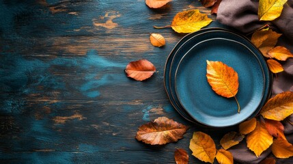 Wall Mural - Happy Thanksgiving Day. Festive Empty plate and autumn leaves on a rustic wooden table and space for text on wood background,