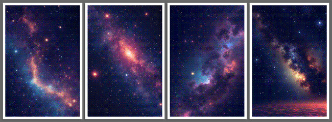 Aufkleber - Set of pixelated posters with futuristic deep space scene in pixel art style with dithering effect. Retro space background for vintage cover, flyer, magazine or banner. Vector 8-bit illustration