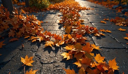 Colorful autumn leaves scattered on wet cobblestone pathway.