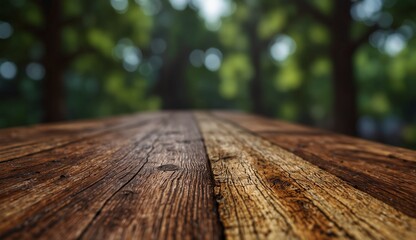 Rustic wooden table set amidst lush, out-of-focus green foliage.