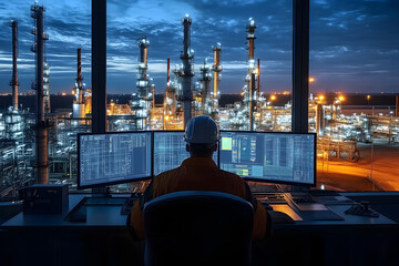 An engineer oversees refinery operations from a control room workstation as evening light illuminates the facility's machinery and infrastructure