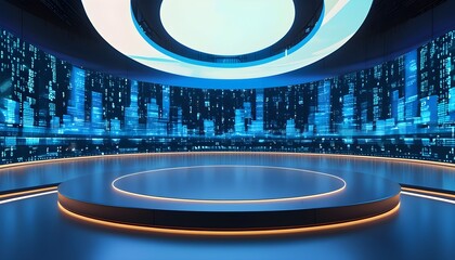 Wall Mural - Futuristic 3D podium illuminated by blue light in a digital cityscape, symbolizing big data technology and artificial intelligence with a backdrop of binary code