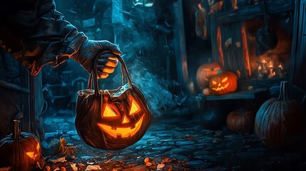 Hand holding a Halloween-themed bag, ready for holiday treats.