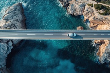 Aerial drone top view of silver car driving on bridge asphalt road above the sea or ocean water coast. Summer tourism travel and transportation landscape, trip, rock, cliff