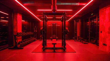 Modern gym interior with weights and racks captured under bold red lighting