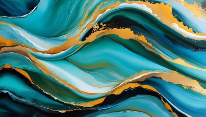 Wall Mural - Fluid Abstract Art: Turquoise, Gold, and Black Waves in Smooth Liquid Formations