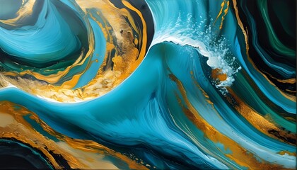 Wall Mural - Fluid Abstract Art: Turquoise, Gold, and Black Waves in Smooth Liquid Formations