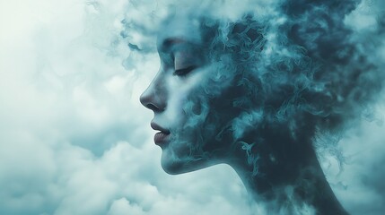 Serene Woman Smoke Art Portrait Blue Cloud