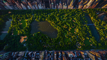 an aerial view of Central Park in New York City. The park’s lush greenery stands out against the surrounding urban skyline filled with tall buildings