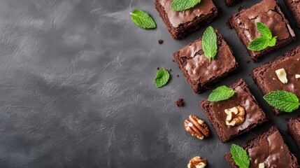 Parts of a baked chocolate brownie, top view copyspace, with almonds and mint leaves on a gray backdrop