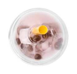 Sticker - Tasty milk bubble tea in plastic cup isolated on white, top view