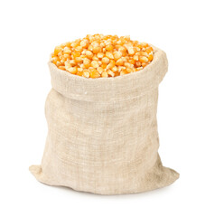 Wall Mural - Fresh corn kernels in burlap sack isolated on white