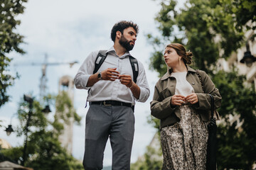 Canvas Print - Businesspeople having an outdoor meeting in an urban area, engaged in a focused discussion while walking together.