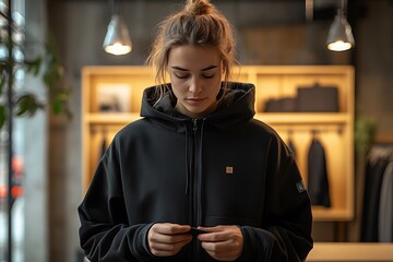 Young woman in a black hoodie, embodying urban style and comfort.