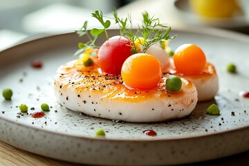 Gourmet scallops dish with colorful garnish on a plate