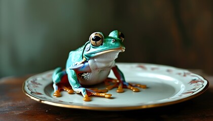 whimsical presentation of a frog artfully placed on a decorative plate