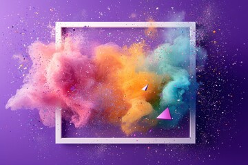 Vibrant explosion of colorful powder clouds within white frame on purple background, with dynamic color blend of pink, orange, yellow, and teal, showcasing abstract art and creative design.