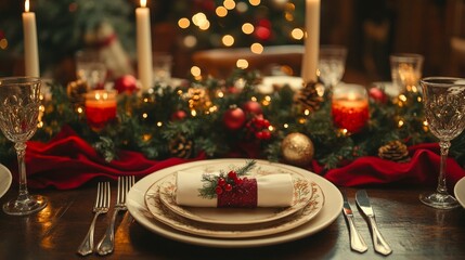 Christmas dinner concept. Christmas plate on the table. Festive Xmas background