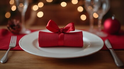 Christmas dinner concept. Christmas plate on the table. Festive Xmas background