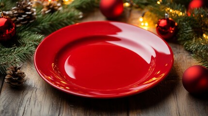 Christmas dinner concept. Christmas plate on the table. Festive Xmas background