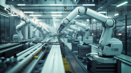Wall Mural - engineering concept of an automated factory line with robotic arms and digital controls, highlightin