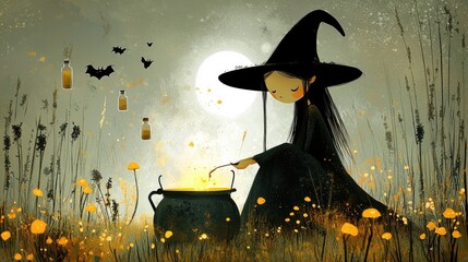 A mystical witch brewing a potion in a cauldron, surrounded by enchanted forest creatures, glowing mushrooms, and floating potion bottles, all under a full moon