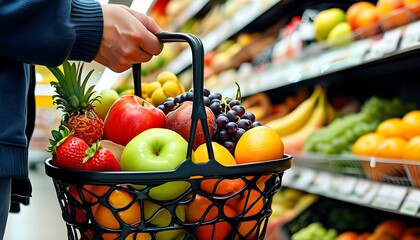 Wall Mural - vibrant close-up of a hand carrying a basket filled with fresh fruits in a bustling supermarket setting