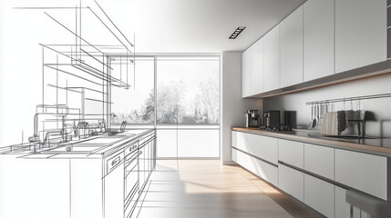 Modern kitchen design transition from blueprint to reality, black and white sketch with white interior