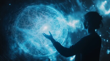 Woman Reaching for Glowing Network Sphere