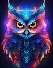 Canvas Print - Colorful owl with glowing eyes