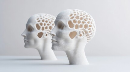 Two abstract human heads with intricate hollowed designs, showcasing a blend of art and science in a modern aesthetic.