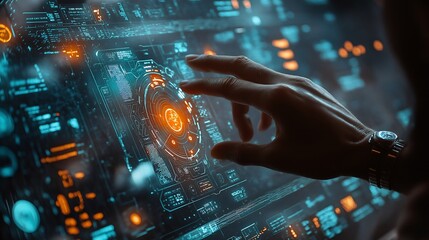 Hand Navigating Futuristic Digital Interface