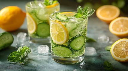 Wall Mural - Refreshing cucumber and lemon drinks garnished with mint on a stylish surface.