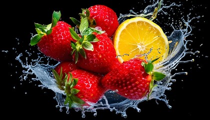 Vibrant Splash of Fresh Fruits on Black Background - Strawberries, Oranges, and Lemons Showcasing Healthy Eating and Refreshment