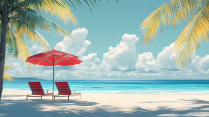 Wall Mural - Beautiful beach with palm trees and lounge chairs under an umbrella on the shore of crystal clear blue water against a white sky background panorama generative ai. Crystal Clear Beach. Illustration