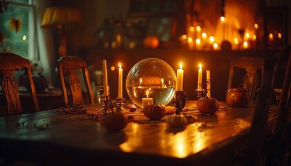 Halloween-themed seance room with antique furniture and atmospheric candle lighting.