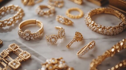 A close-up of gold jewelry laid out on a marble surface, with soft lighting highlighting the intricate designs and rich textures.