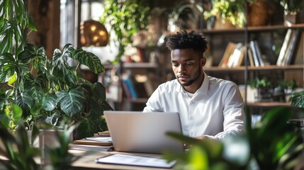 Wall Mural - A young professional working on a laptop in a modern coworking space.