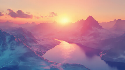 Aerial view with mountain views, with sunrise in the background. Mountain Lake. Illustration