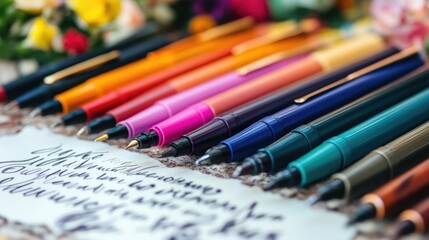 A colorful array of calligraphy pens displayed on a textured surface, alongside beautifully written quotes and illustrations, celebrating the art of lettering.