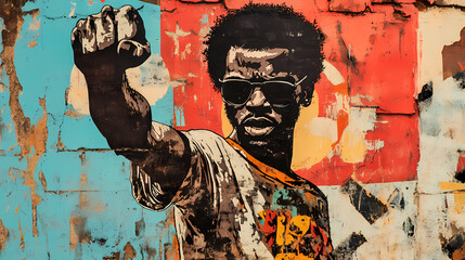 Wall Mural - African man raising fist, rebel fighting spirit freedom, urban street art graffiti collage. Street Art. Illustration