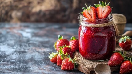 A rustic surface with fresh, organic strawberries surrounding a mason jar filled with homemade strawberry jam