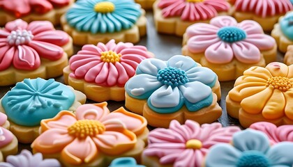 Vibrant close-up of beautifully decorated sugar cookies shaped like flowers