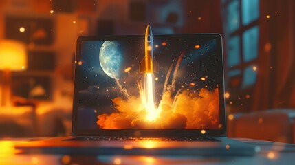 Wall Mural - rocket launching from a laptop on an office table to ascend into the air. business startup new idea 