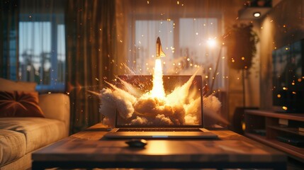 Wall Mural - rocket launching from a laptop on an office table to ascend into the air. business startup new idea 